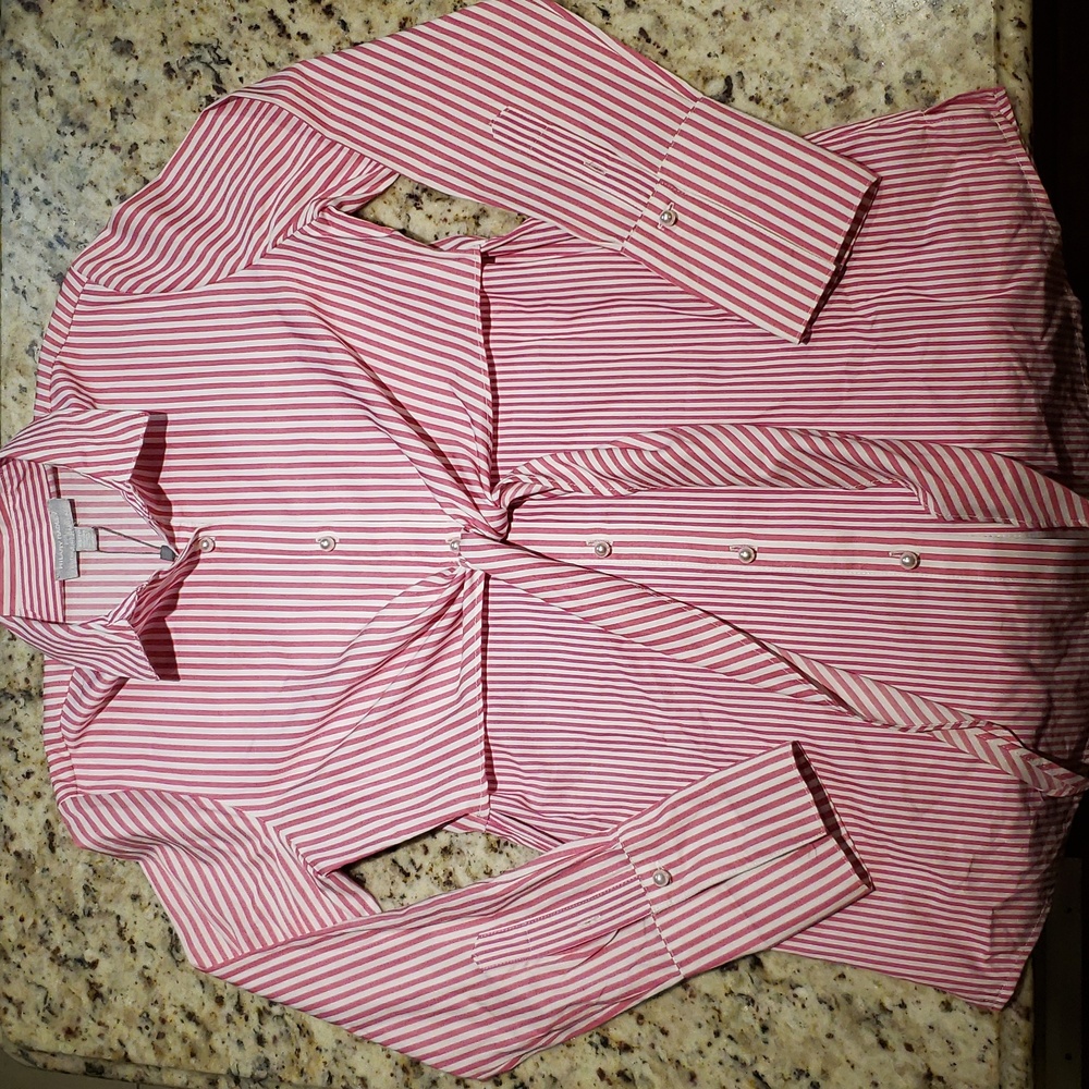 NWT Hilary radley pink and white pin stripe pearl button up xs